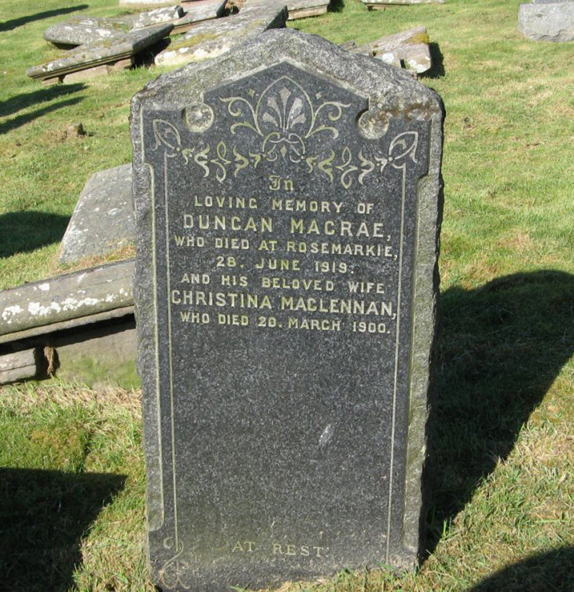 Photo of headstones/Christina MacLennan (MacRae) died 1900 MI Rosemarkie